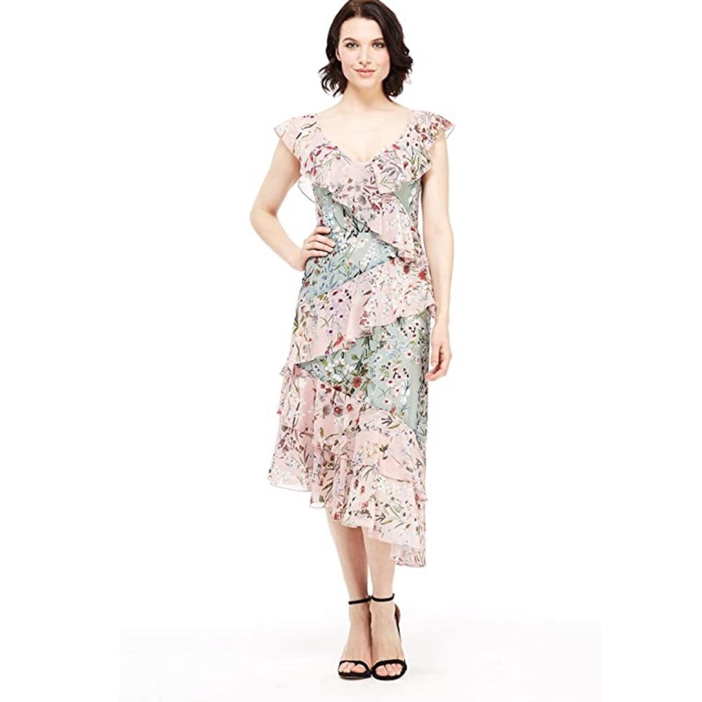 Maggy London Coral/Sage Floral Ruffle Dress - Picture 1 of 8